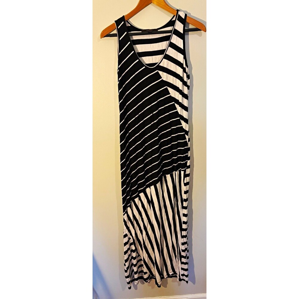 Fever Black/White Striped Jersey Tank Dress Midi Scoop Neck Stretch, S